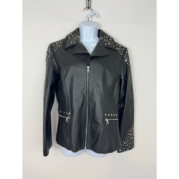 Pamela McCoy Black Leather Studded Moto Jacket Size M - Picture 1 of 6